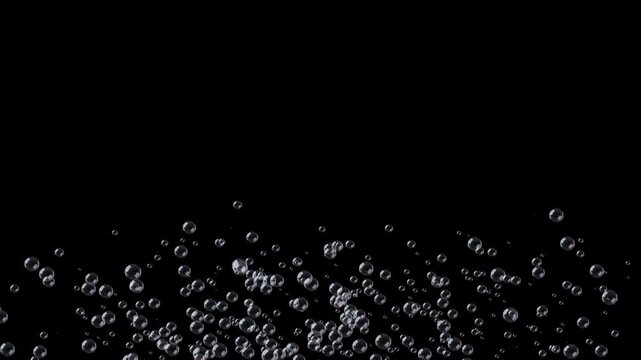 Soap bubbles fly upward and float across black background, realistic colorful bubble animation with glossy reflections, 4K close up seamless loop for celebration videos, compositing and overlays