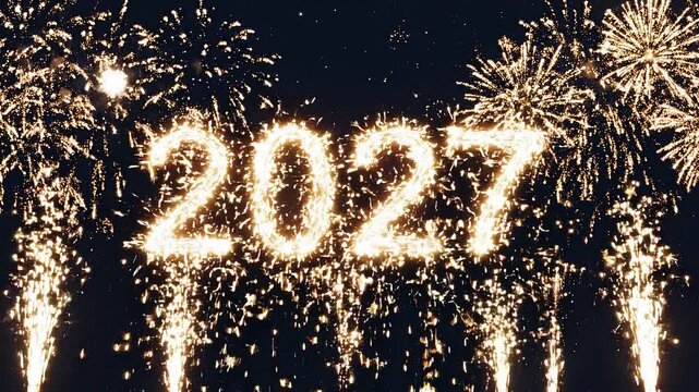 2027 new year celebration with golden sparkler typography and fireworks display