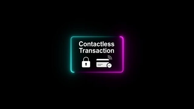 Contactless transaction payment icon with glowing neon security interface symbolizing secure digital payments wireless card technology banking authentication and modern financial services animation