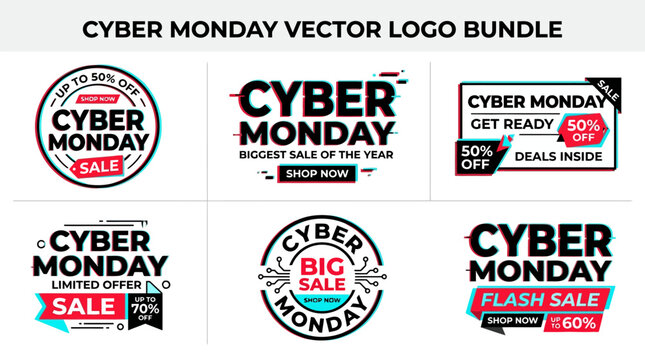 Cyber monday promotional vector logo bundle with discount offers with badge