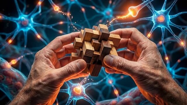 Hands manipulate intricate wooden puzzle thing, representing cognitive thinking visualization, neural signal transmission and synaptic communication mechanism within complex nervous system.