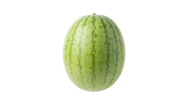 Whole fresh watermelon with green striped rind isolated on white background, studio shot of a single ripe summer fruit for healthy food design