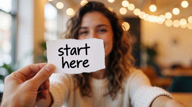 Hand holds torn paper note with start text. Smiling woman in background looks at camera in cozy cafe. Concept of new beginning, motivation, career growth for personal development business journey.