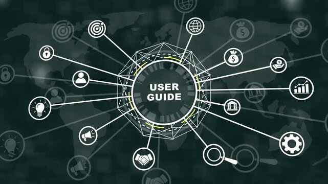 Interactive user guide digital interface featuring animated global business network connectivity concept with modern hud and data visualization for corporate presentations and tech projects