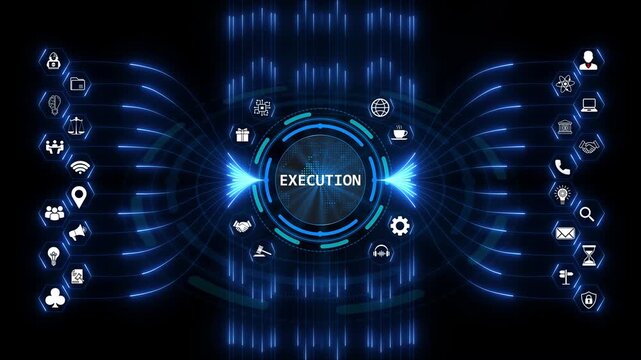 Digital execution interface displaying a complex business workflow system with glowing networking nodes and interconnected process management