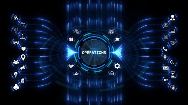 Business operations management interface with digital network flow and workflow automation icons connecting to central system processing hub center.