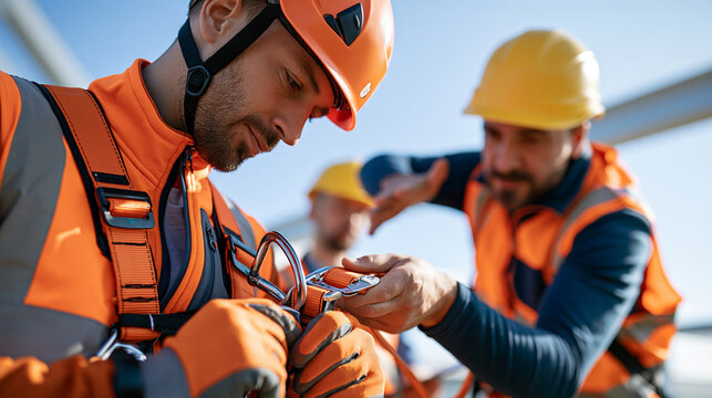 Safety instructor demonstrating proper harness connection to a construction worker during workplace training, occupational safety education, fall prevention, PPE training,