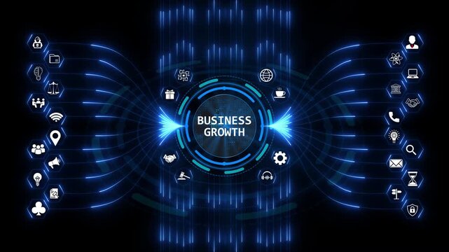 Business growth conceptual graphic with enterprise development flow chart representing corporate expansion strategies in a digital corporate network