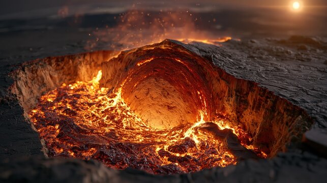 Volcanic Crater Cross Section Molten Lava Core Glowing Fissure Earth Mantle Geological Visualization