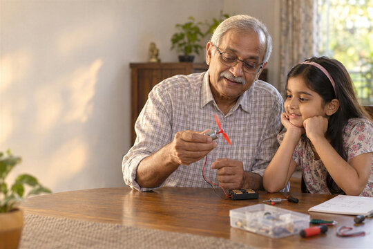 Indian grandfather showing little granddaughter how small electric motor works at home table, science learning
