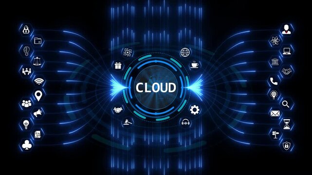 Cloud computing network featuring a central data hub, showing how an internet server storage system connects various digital icons and tech nodes.