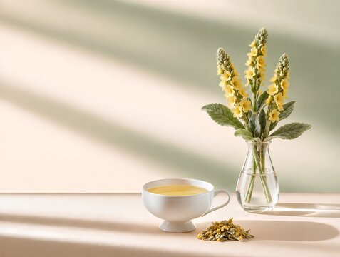 Herbal Tea Background &ndash; Mullein. Fresh Verbascum thapsus flowers, dried mullein herb and pale golden infusion on a softly sunlit neutral background with generous copy space.