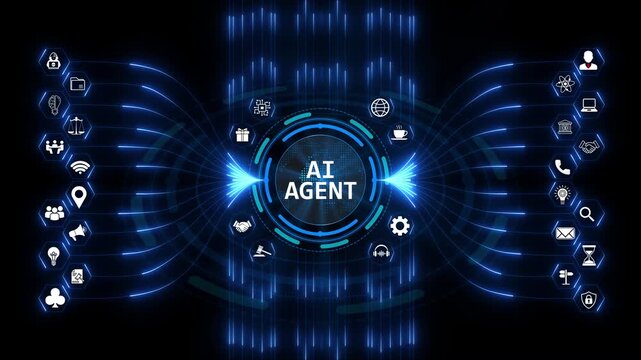 Artificial Intelligence agent software platform displaying smart machine automation technology connected to a network of digital virtual assistant
