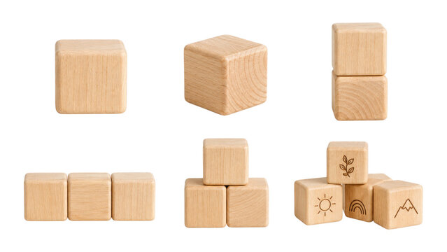 Natural wooden toy cubes and small stacked building blocks, some engraved with simple icons, arranged on a transparent background