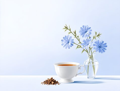 Herbal Tea Background &ndash; Chicory. Fresh blue chicory flowers, roasted root pieces and warm amber-brown infusion on a soft blue background with generous copy space.