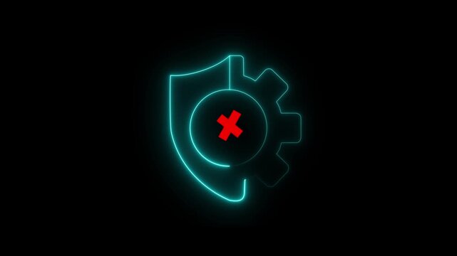 Glowing neon gear icon with red error cross symbol representing system failure configuration problem settings issue technical troubleshooting maintenance software malfunction and digital technology