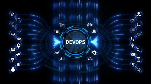 DevOps methodology displayed in a futuristic digital network interface for software development operations management with icons on a dark background.