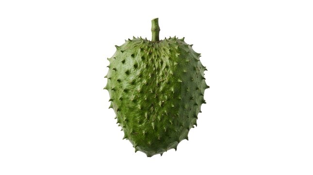 Single Fresh Soursop Fruit Isolated on White Background, Guanabana or Graviola Tropical Fruit with Spiky Green Skin for Healthy Food Photography