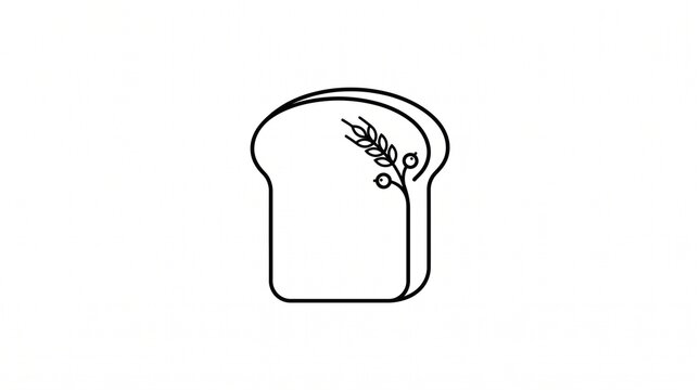 Minimalist bread slice line art icon with wheat stalk on white background