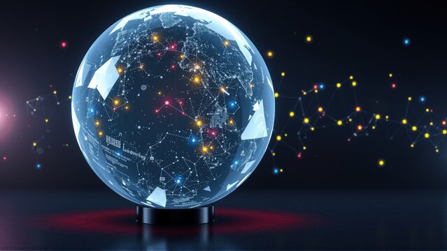 Glowing globe depicts interconnected network. Digital lines radiate from surface, symbolizing global communication, data streams. Futuristic concept.