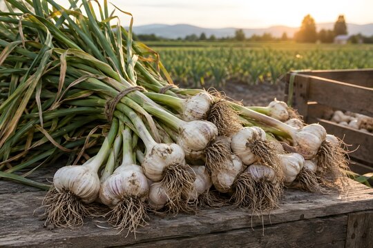 Freshly harvested garlic on a wooden crate