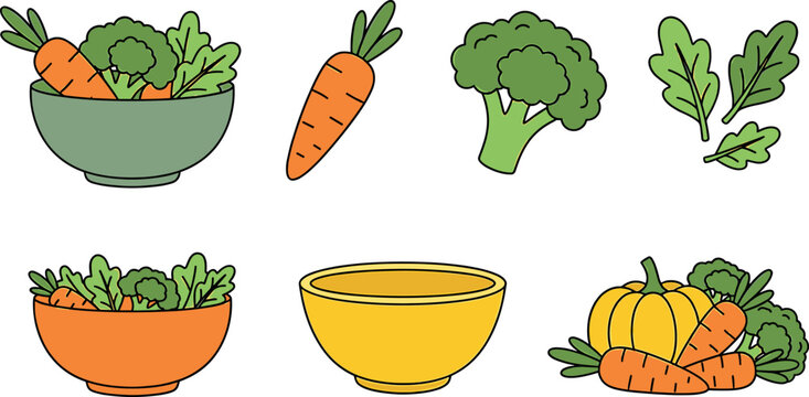 Flat vector illustration set featuring salad bowls fresh vegetables carrot broccoli pumpkin and leafy greens on white background