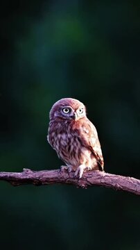 A small little owl perched on a branch at dusk