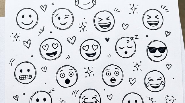 Hand drawn doodle style emoji set with various facial expressions on paper