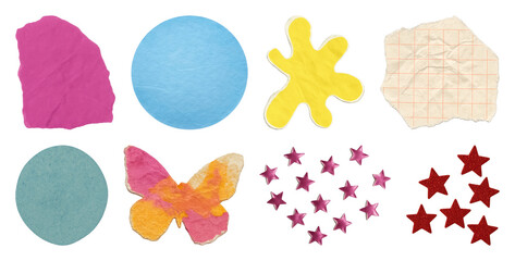 Obraz premium PNG Colorful paper cutout shapes and stars collage, transparent background