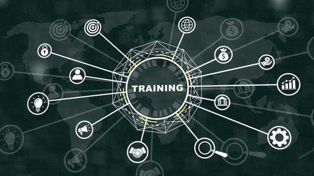 Corporate training concept infographic with animated global network connections, digital business and data analytics interface for modern educational and e-learning presentations