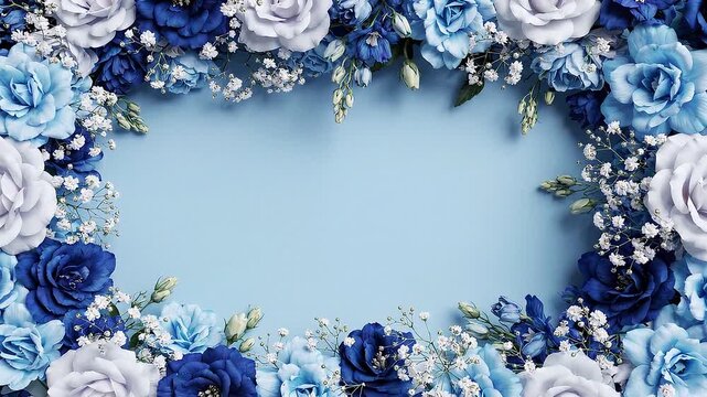 Blue floral frame background, with blooming roses, and baby?s breath, for wedding flowers