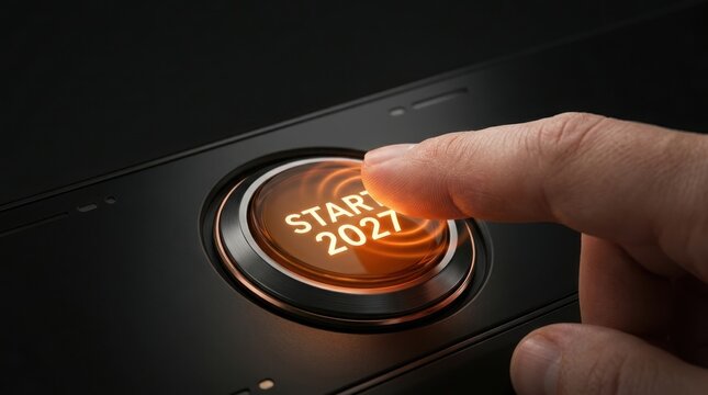 Finger pressing glowing START 2027 button with ripple effect in dark setting