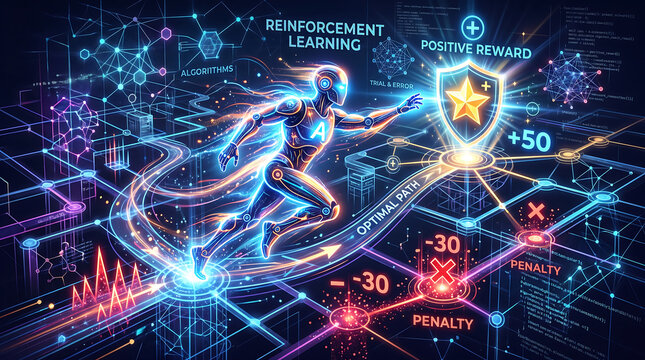 Artificial intelligence robot running on a digital path with reinforcement learning, positive reward star shield, and negative penalty markers in a neon network grid