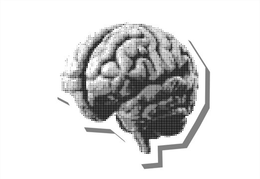 Trendy half tone collage, human brain anatomy, mind intelligence concept, newspaper vintage style, retro pop art dotted design
