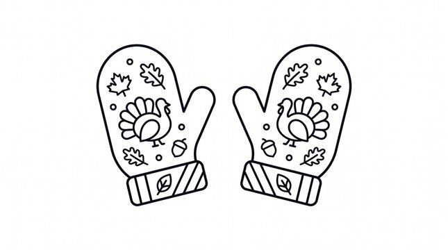 Thanksgiving mittens line art icon with turkey and autumn leaf patterns