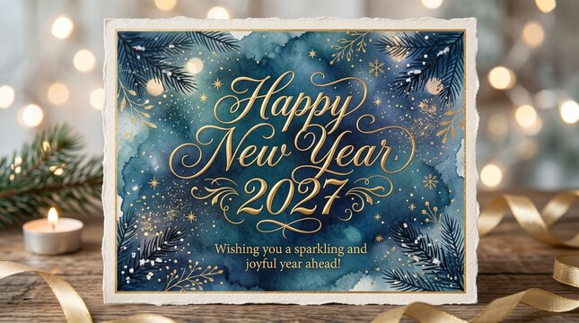 Happy New Year 2027 greeting card with gold calligraphy on watercolor blue
