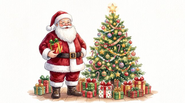 Santa Claus holding a gift box beside a decorated Christmas tree with presents