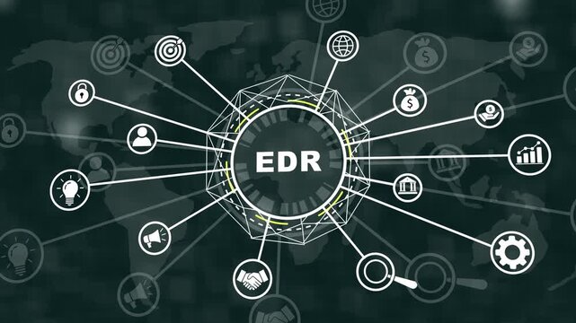 Advanced edr endpoint detection and response cyber security concept featuring a dynamic digital global network interface with interconnected data for corporate information technology infrastructure