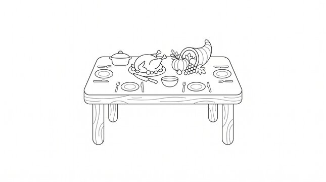 Thanksgiving dinner table line art illustration with turkey and cornucopia