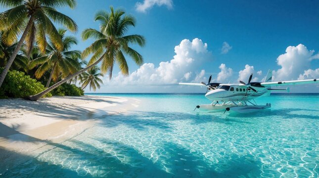 White seaplane floats on turquoise ocean water near tropical beach. Palm trees grow on sand shore under blue sky with clouds. Luxury island vacation concept with small aircraft arrives at exotic