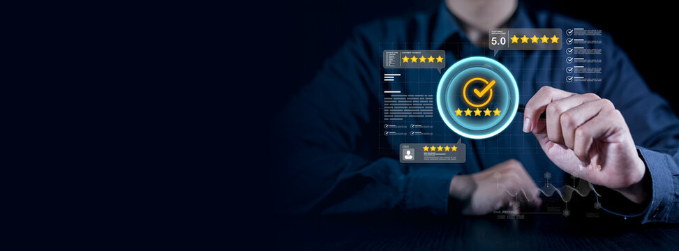 Digital client satisfaction survey interface showcases excellent service quality rating score alongside verified testimonial feedback review boosting professional ranking approval