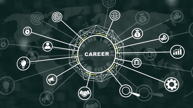 Career development and global business networking concept motion featuring interconnected digital data analytics, human resources, and corporate growth strategy infographics