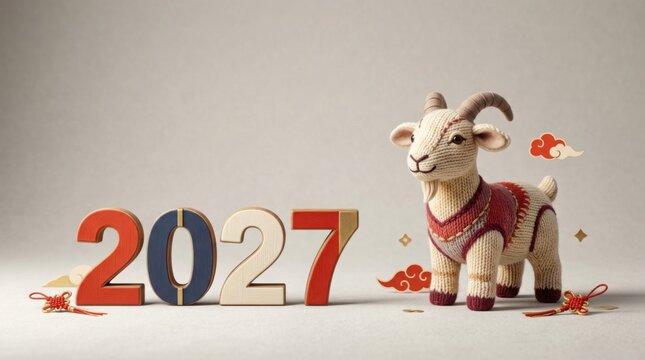 A stylized goat figure with the year 2027 in festive Chinese New Year decorations