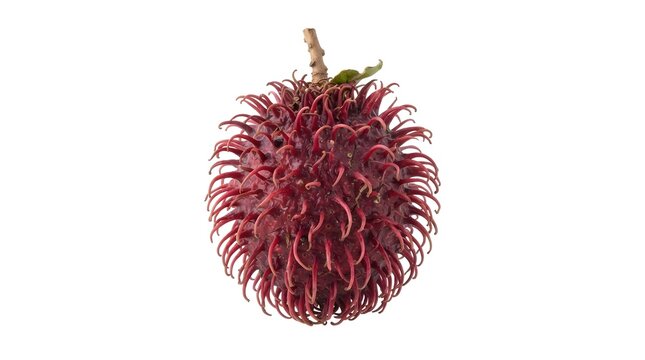 Single fresh ripe pulasan fruit with hairy red skin isolated on white background, exotic tropical fruit Nephelium mutabile, macro photography