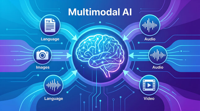 Multimodal ai concept with a central glowing brain icon connected to language, audio, and data input nodes on a blue and purple digital circuit background
