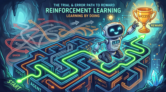 Reinforcement learning concept featuring a small robot navigating a dark maze, reaching for a golden trophy, with glowing paths, arrows, and cave background