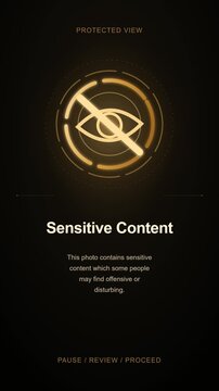 Golden glowing crossed-out eye icon animates on dark sensitive content warning screen. Elegant protected view interface in vertical format for mobile apps and social platforms.