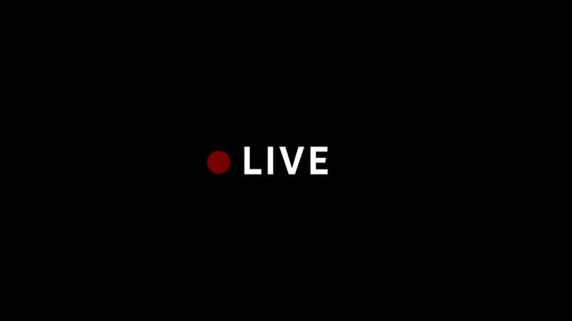 Live Streaming Button Animation with Red Blinking Indicator on Transparent Background, 4K Live Broadcast Icon for Social Media, TV Shows and Online Video
