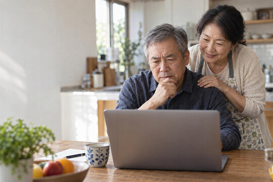 Worried senior asian man looking at laptop with supportive wife hugging his shoulders at home kitchen
