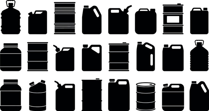 Industrial container silhouette icons pack featuring metal oil drums plastic jerrycans chemical canisters and fuel storage barrels